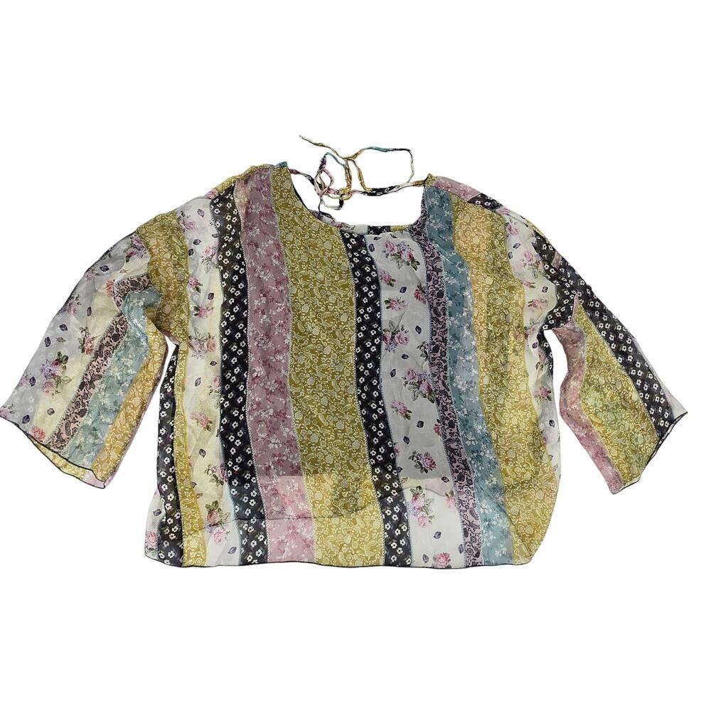 Bella France Silk Patchwork Peasant Top Womens Large Floral Fairy Bell Sleeve